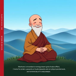 an animated book cover featuring a wise and serene monk seated in a peaceful, mountainous landscape