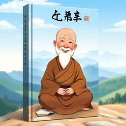 an animated book cover featuring a wise and serene monk seated in a peaceful, mountainous landscape