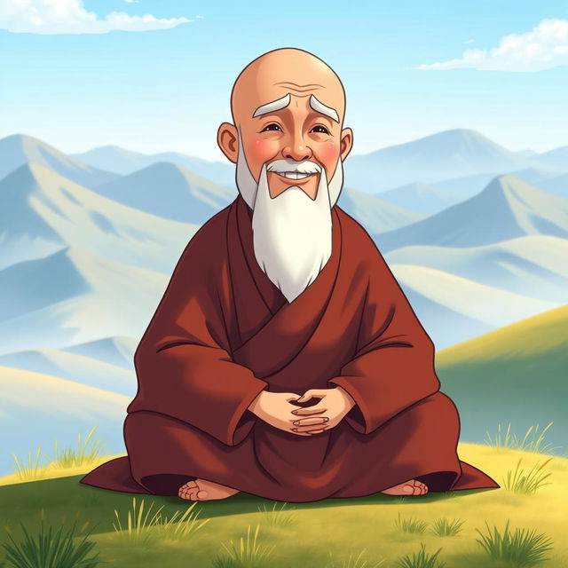 an animated book cover featuring a wise and serene monk seated in a peaceful, mountainous landscape