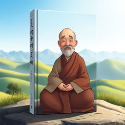 an animated book cover featuring a wise and serene monk seated in a peaceful, mountainous landscape