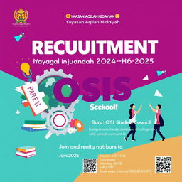 A striking and vibrant poster for the recruitment of new student council (OSIS) members at Yayasan Aqilah Hidayah for the 2024-2025 school year