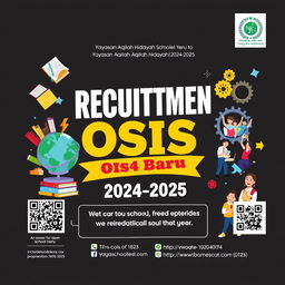 A striking and vibrant poster for the recruitment of new student council (OSIS) members at Yayasan Aqilah Hidayah for the 2024-2025 school year