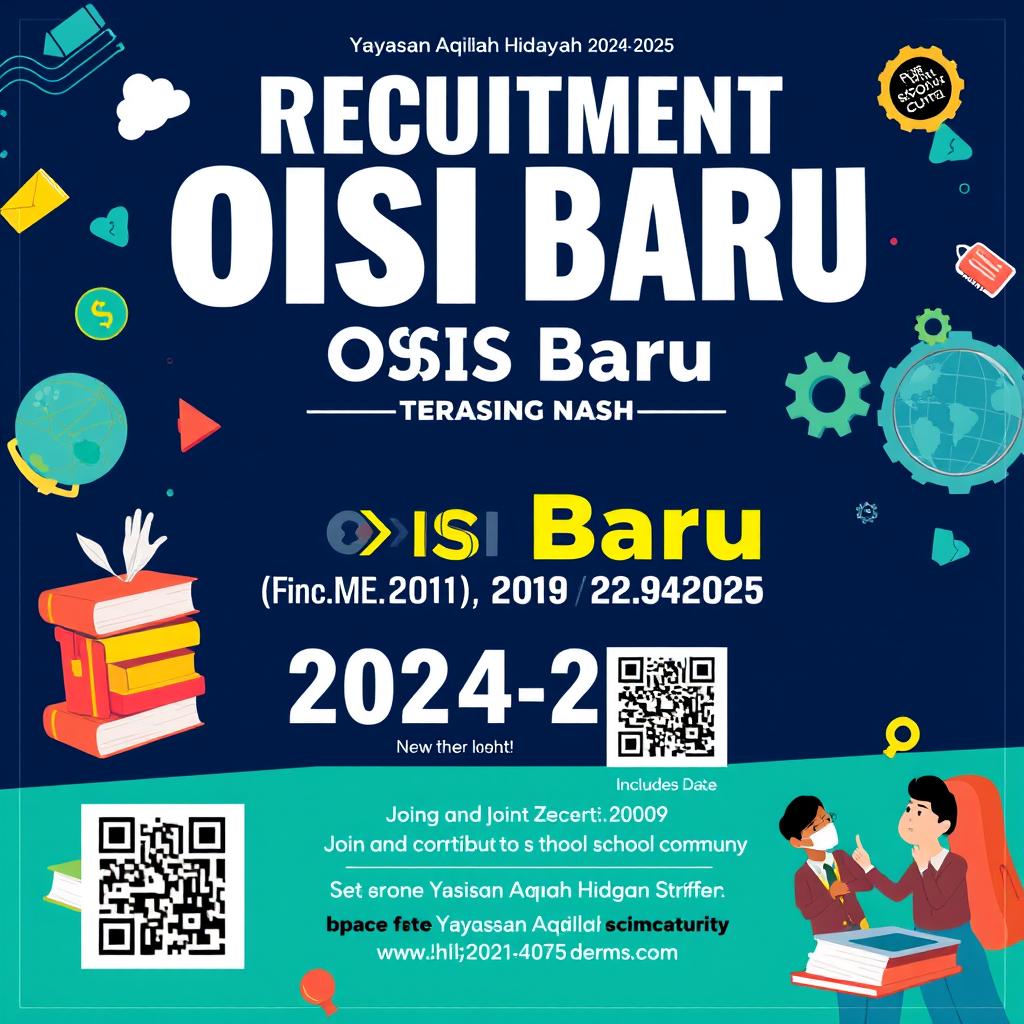 A striking and vibrant poster for the recruitment of new student council (OSIS) members at Yayasan Aqilah Hidayah for the 2024-2025 school year