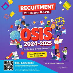 A striking and vibrant poster for the recruitment of new student council (OSIS) members at Yayasan Aqilah Hidayah for the 2024-2025 school year