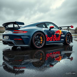 A Porsche 911 GT3 RS adorned with Red Bull stickers glistening under the rain