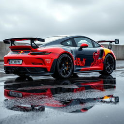 A Porsche 911 GT3 RS adorned with Red Bull stickers glistening under the rain