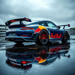 A Porsche 911 GT3 RS adorned with Red Bull stickers glistening under the rain