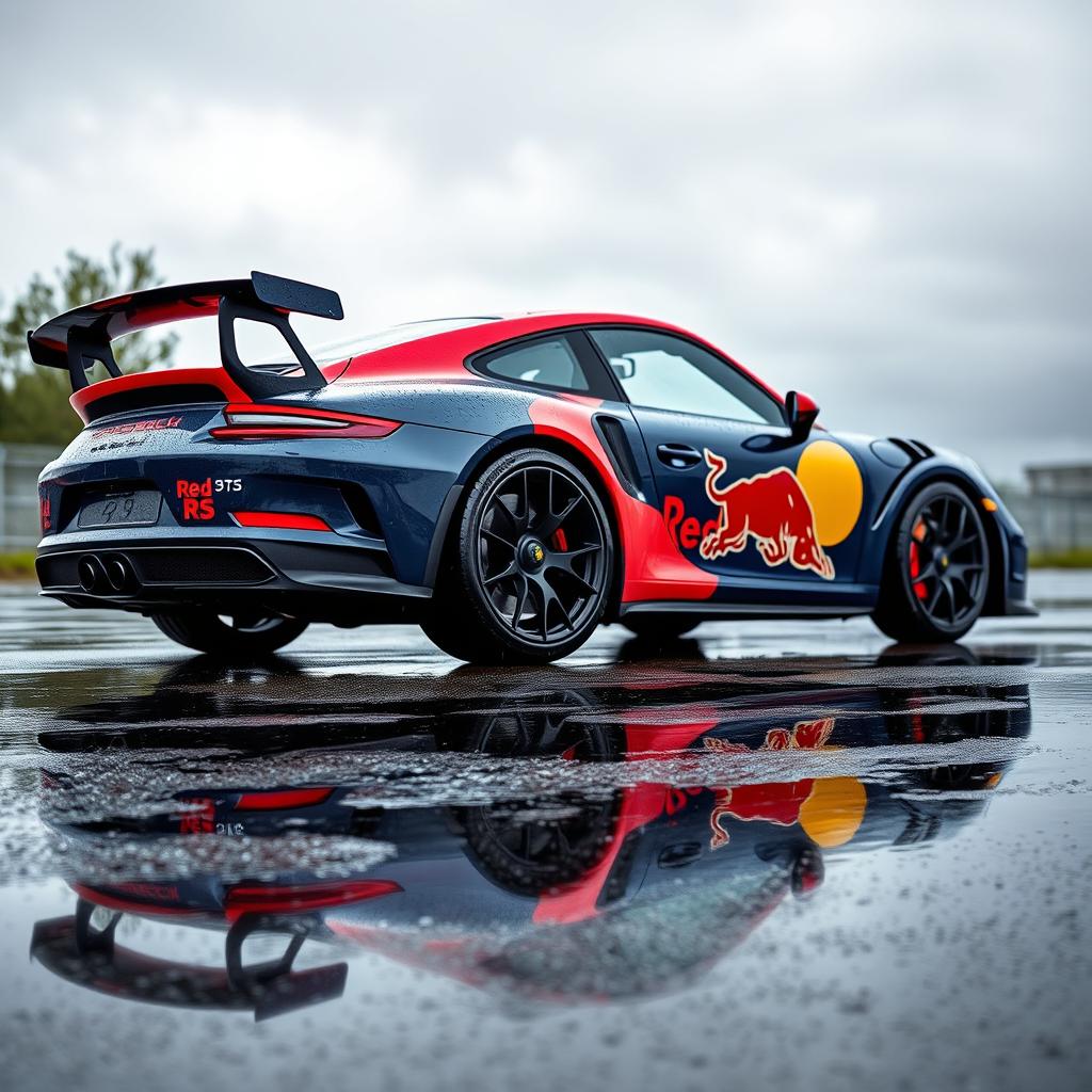 A Porsche 911 GT3 RS adorned with Red Bull stickers glistening under the rain