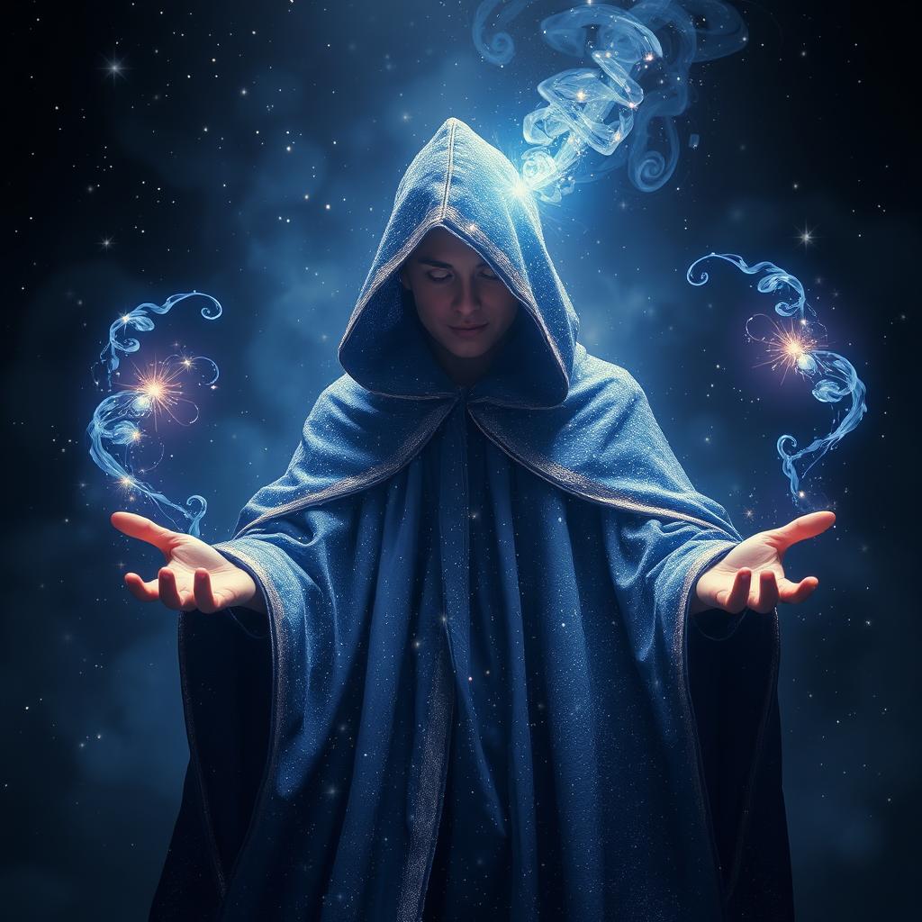 A mystical character enveloped in a sparkling cosmic cloak