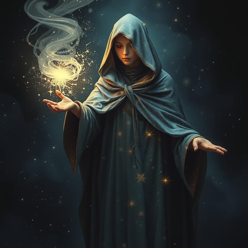 A mystical character enveloped in a sparkling cosmic cloak