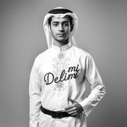 A young man proudly wearing a traditional white Arab uniform, with the word "Delimi" stylishly embroidered on the garment