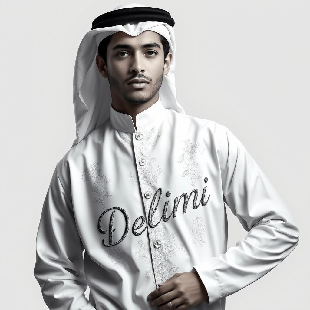 A young man proudly wearing a traditional white Arab uniform, with the word "Delimi" stylishly embroidered on the garment