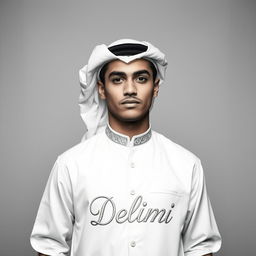 A young man proudly wearing a traditional white Arab uniform, with the word "Delimi" stylishly embroidered on the garment