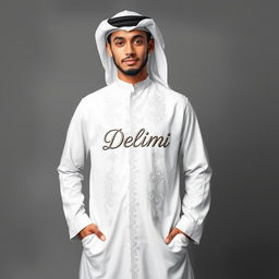 A young man proudly wearing a traditional white Arab uniform, with the word "Delimi" stylishly embroidered on the garment