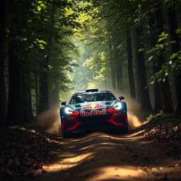 An Alpine A110 rally car sponsored by Red Bull driving head-on through a lush forest