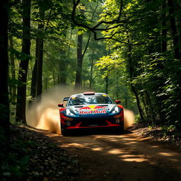 An Alpine A110 rally car sponsored by Red Bull driving head-on through a lush forest