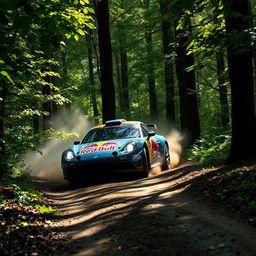 An Alpine A110 rally car sponsored by Red Bull driving head-on through a lush forest