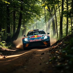 An Alpine A110 rally car sponsored by Red Bull driving head-on through a lush forest