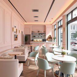 Interior design of a café with pastel tones, featuring soft pink, mint green, and light blue hues