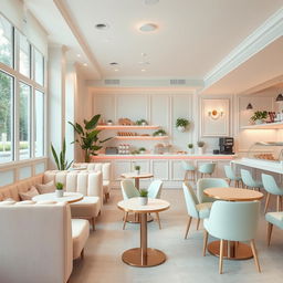 Interior design of a café with pastel tones, featuring soft pink, mint green, and light blue hues