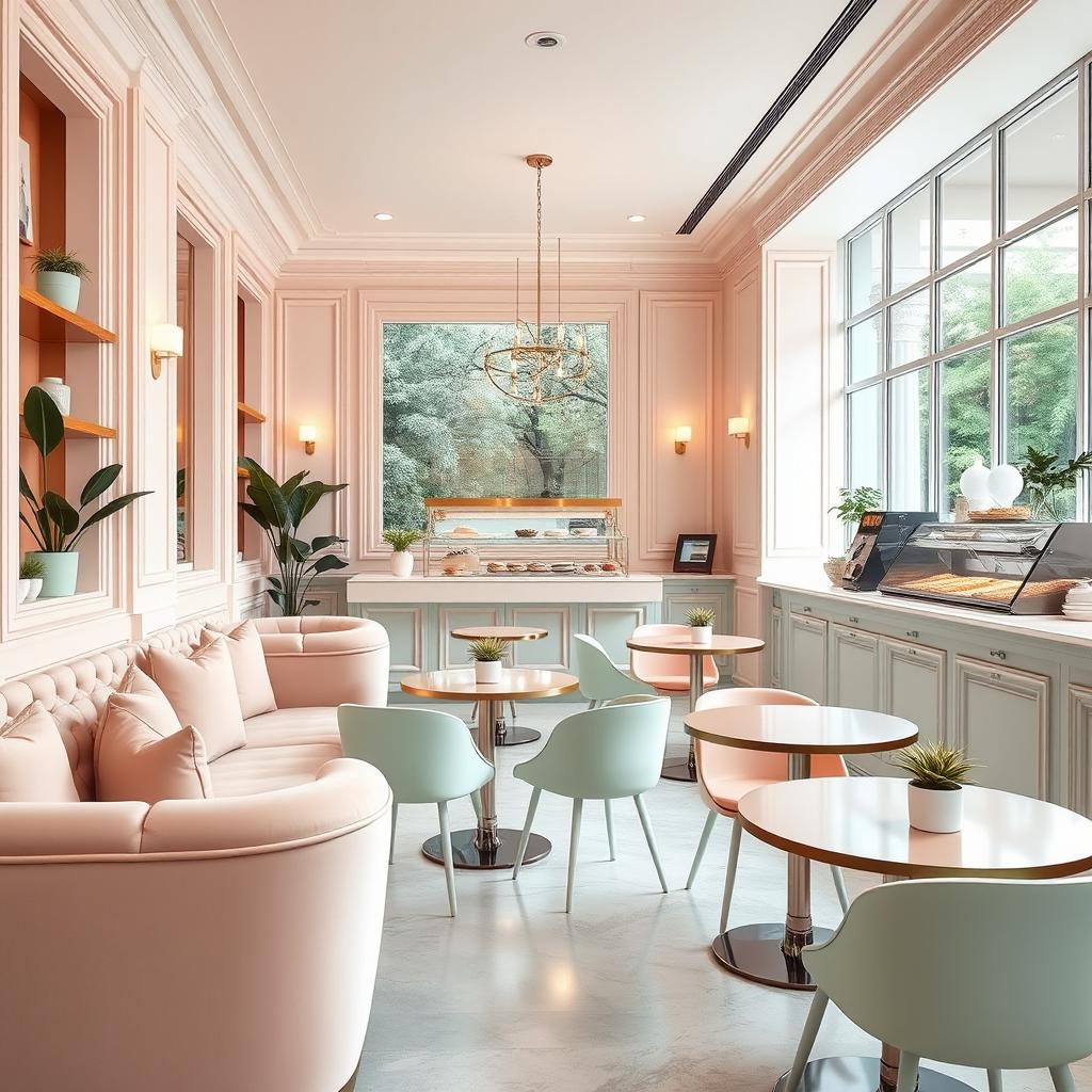 Interior design of a café with pastel tones, featuring soft pink, mint green, and light blue hues