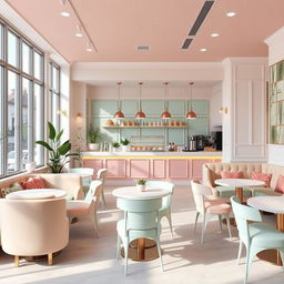 Interior design of a café with pastel tones, featuring soft pink, mint green, and light blue hues