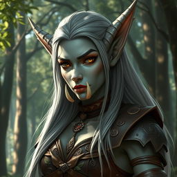 A striking elf-orc hybrid character featuring prominent orc tusks, elegant elf ears, and smooth grey skin