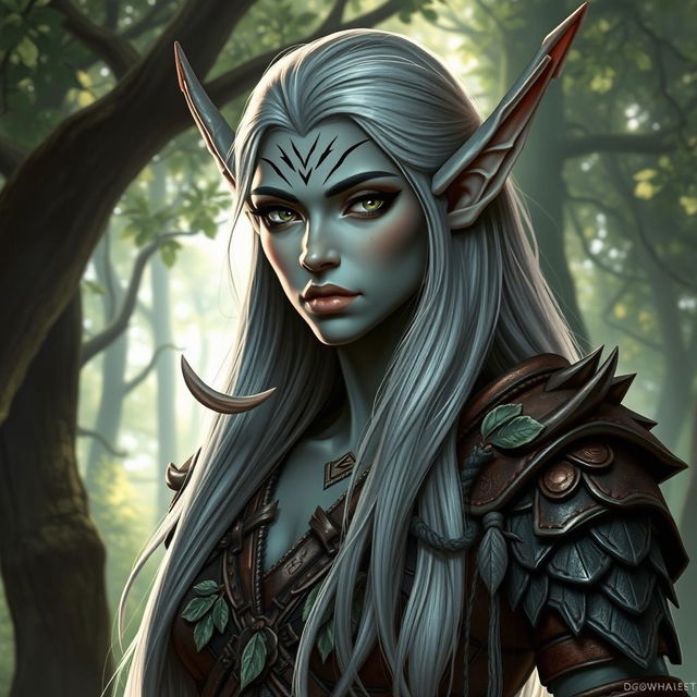 A striking elf-orc hybrid character featuring prominent orc tusks, elegant elf ears, and smooth grey skin