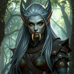 A striking elf-orc hybrid character featuring prominent orc tusks, elegant elf ears, and smooth grey skin