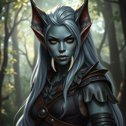 A striking elf-orc hybrid character featuring prominent orc tusks, elegant elf ears, and smooth grey skin