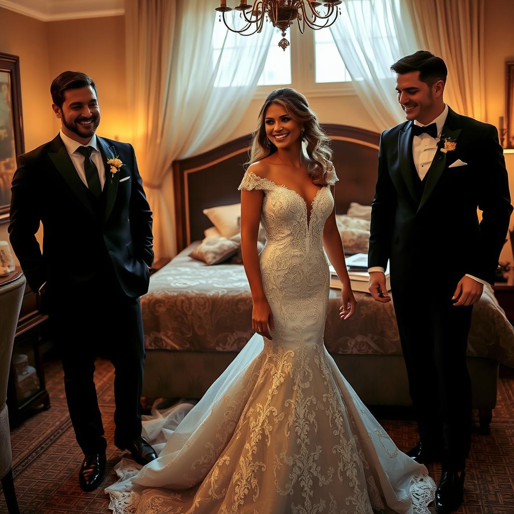 a beautiful woman in a luxurious, stylish wedding dress with intricate lace details and elegant design, accompanied by two handsome men in sharp, tailored suits, in a cozy, warmly-lit bedroom setting