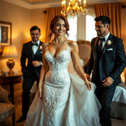 a beautiful woman in a luxurious, stylish wedding dress with intricate lace details and elegant design, accompanied by two handsome men in sharp, tailored suits, in a cozy, warmly-lit bedroom setting