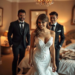 a beautiful woman in a luxurious, stylish wedding dress with intricate lace details and elegant design, accompanied by two handsome men in sharp, tailored suits, in a cozy, warmly-lit bedroom setting