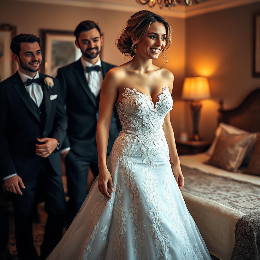 a beautiful woman in a luxurious, stylish wedding dress with intricate lace details and elegant design, accompanied by two handsome men in sharp, tailored suits, in a cozy, warmly-lit bedroom setting