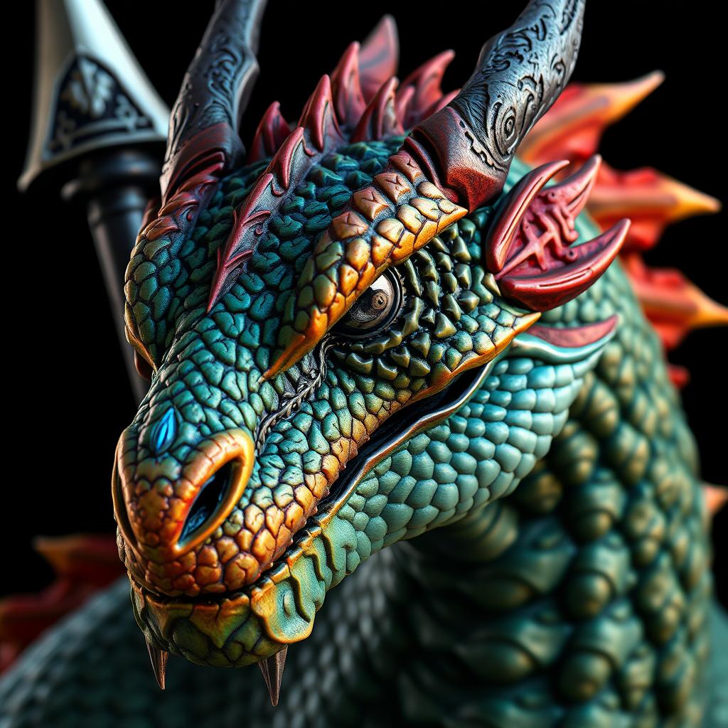 A close-up portrait of a dragon with a topaz-colored head, detail-rich and vividly textured