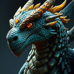 A close-up portrait of a dragon with a topaz-colored head, detail-rich and vividly textured