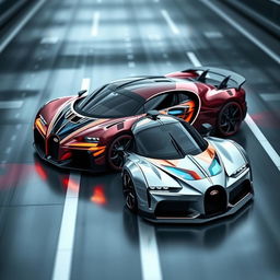 A futuristic hybrid car that combines the design elements of a Koenigsegg Jesko and a Bugatti Chiron