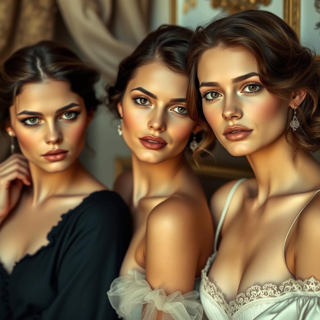 A tasteful and artistic portrayal of French girls with elegant, confident expressions, depicted in a setting that reflects classic French artistry