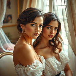 A tasteful and artistic portrayal of French girls with elegant, confident expressions, depicted in a setting that reflects classic French artistry