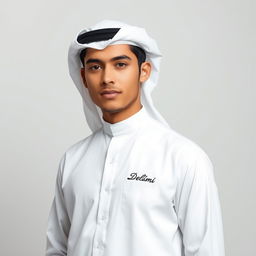 A young man confidently wearing a traditional white Arab uniform