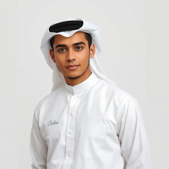 A young man confidently wearing a traditional white Arab uniform