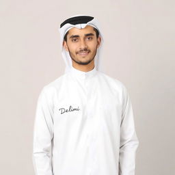 A young man confidently wearing a traditional white Arab uniform