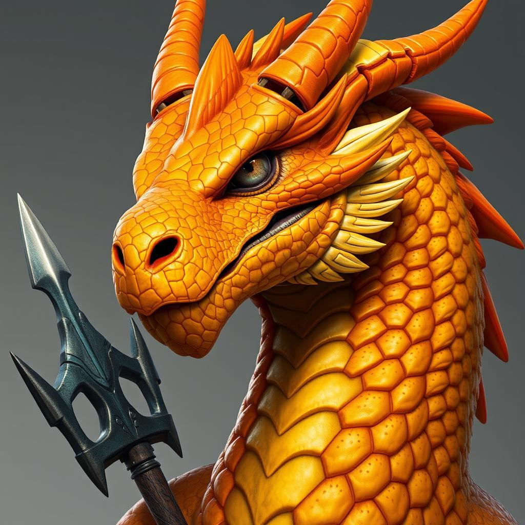 A close-up portrait of a dragon with a yellow-orange colored head, detail-rich and vividly textured