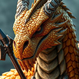 A close-up portrait of a dragon with a yellow-orange colored head, detail-rich and vividly textured