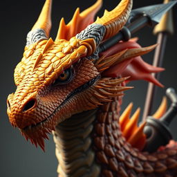 A close-up portrait of a dragon with a yellow-orange colored head, detail-rich and vividly textured