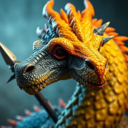 A close-up portrait of a dragon with a yellow-orange colored head, detail-rich and vividly textured