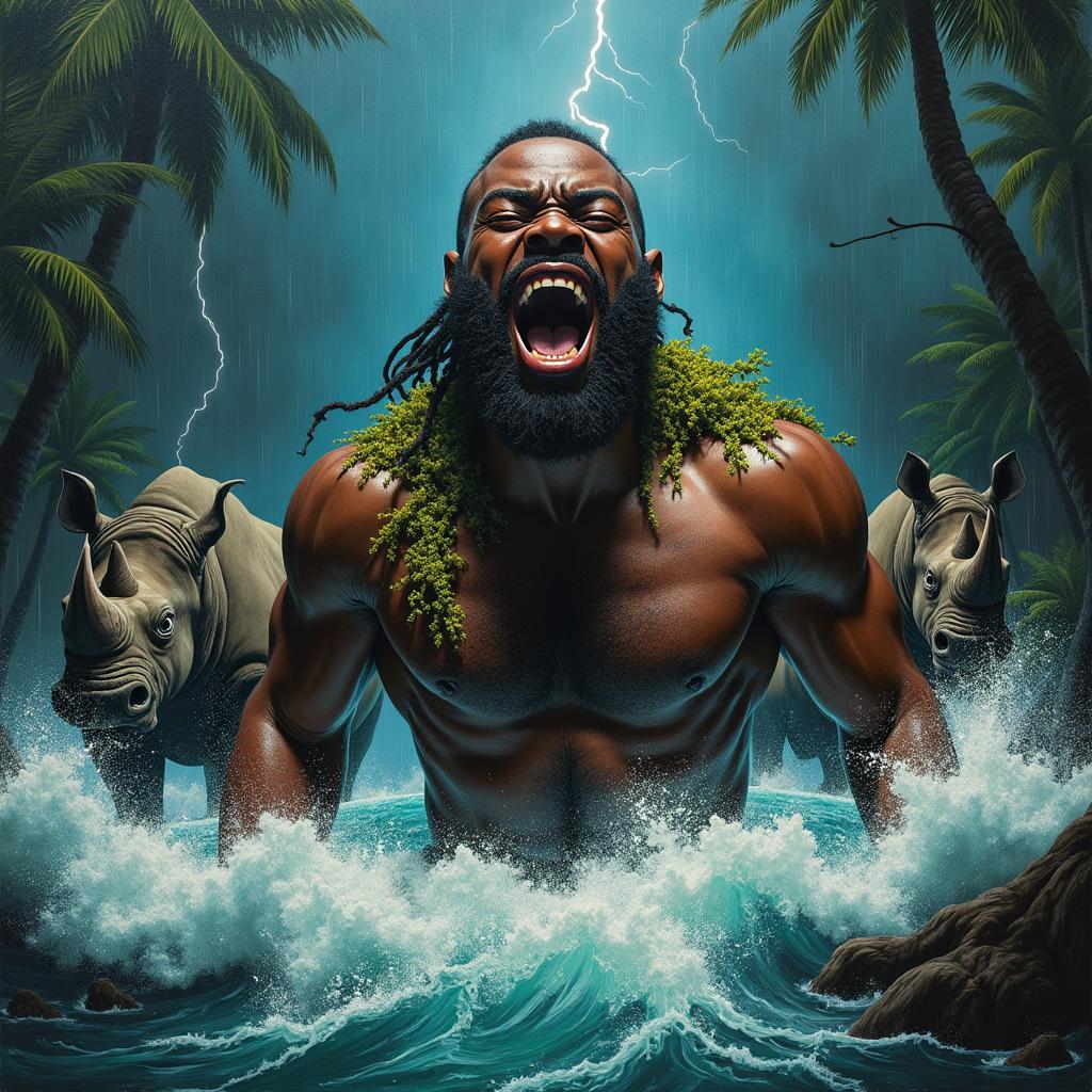 A polished, finished oil-based painting depicting a full-body, macro up-close view of an epic, enraged, and ferociously beautiful nude muscular dark chocolate-skinned black man