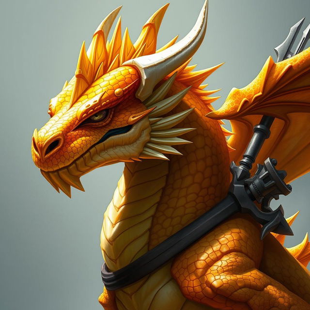 A majestic dragon with a yellow-orange colored head, its scales shimmering in the light