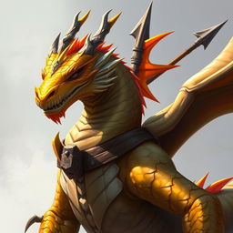 A majestic dragon with a yellow-orange colored head, its scales shimmering in the light