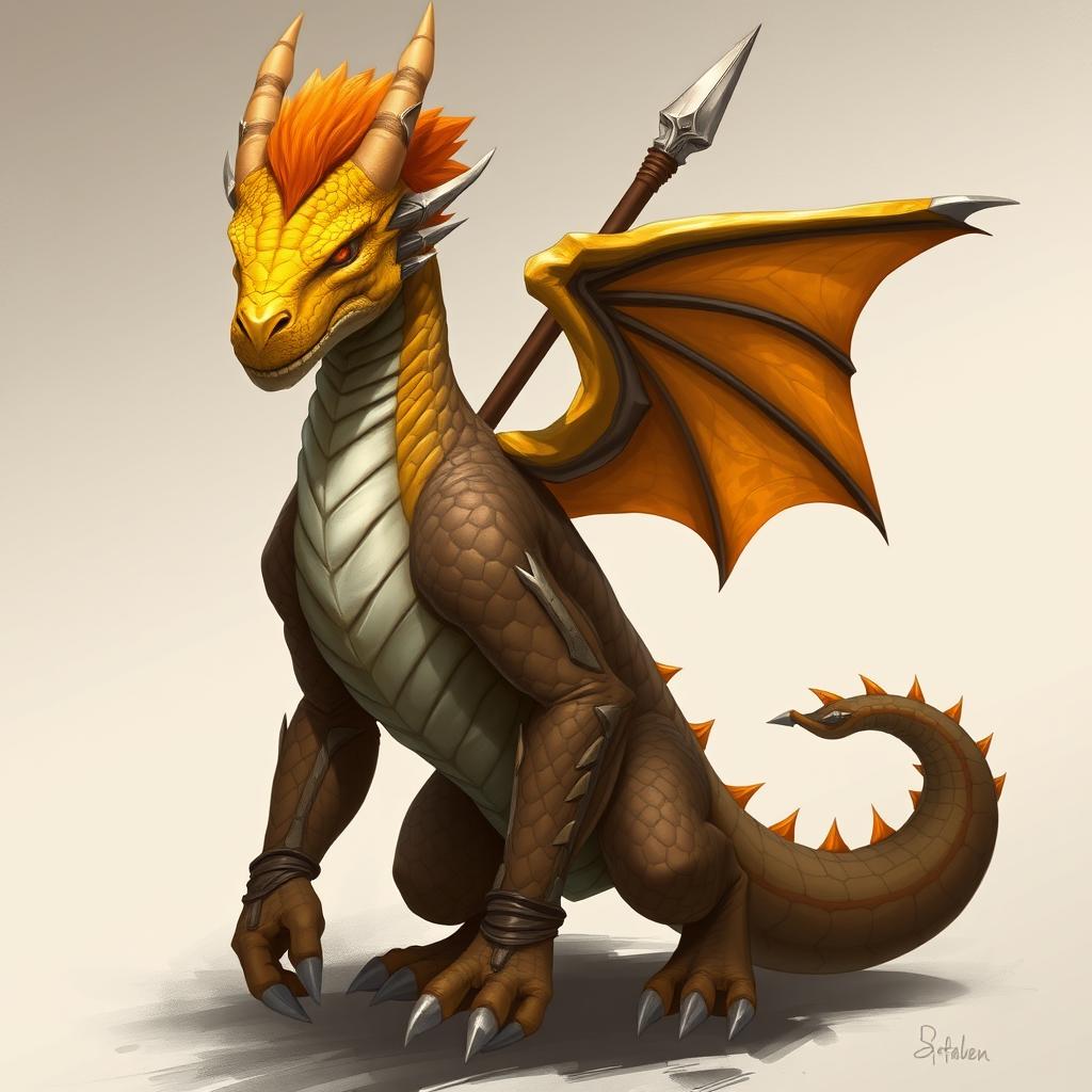 A humanoid dragon with a yellow-orange colored head, standing with a spear stashed on his back, exuding a sense of readiness and authority